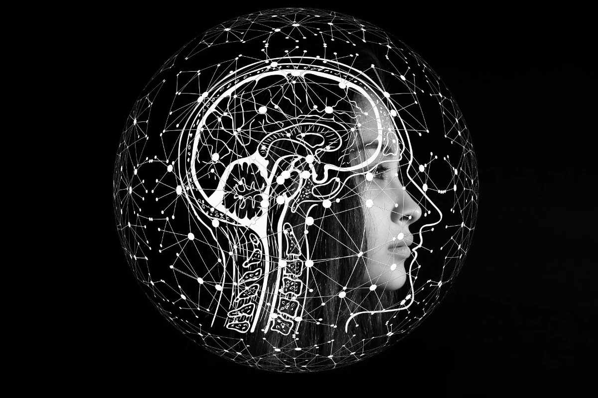 A black and white image of various images layered on top of each other including a diagram of a brain and a neurone network